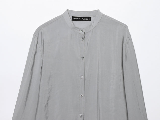 Crew Neck Buttons up Long Sleeve Gray Color Casual Fashion Tops Blouse for Women