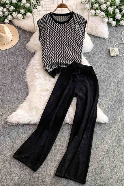 Two-piece Set Vintage Wavy Patterned Knitted Sleeveless Top and Stylish High-waisted Wide-leg Long Trousers