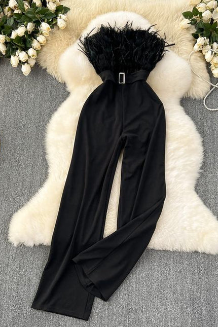 Summer New Sleeveless Sexy White Feather Splicing Chest Slimming Jumpsuit