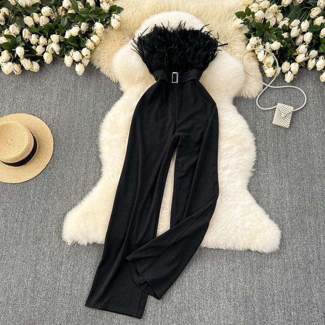 Summer New Sleeveless Sexy White Feather Splicing Chest Slimming Jumpsuit