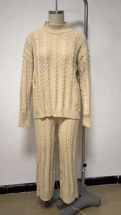 New Casual Half High Neck Sweater Wide Leg Pants Set for Women's Autumn and Winter New Knitted Two Piece Set