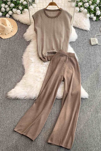 Two-piece Set Vintage Wavy Patterned Knitted Sleeveless Top and Stylish High-waisted Wide-leg Long Trousers