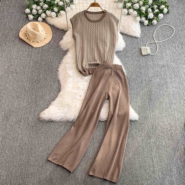 Two-piece Set Vintage Wavy Patterned Knitted Sleeveless Top and Stylish High-waisted Wide-leg Long Trousers
