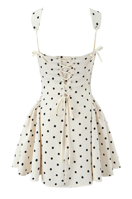 Polka Dot Print Beige Color Shoulder Strap Back Lace up Casual Fashion Mini slip Dress for Ladies