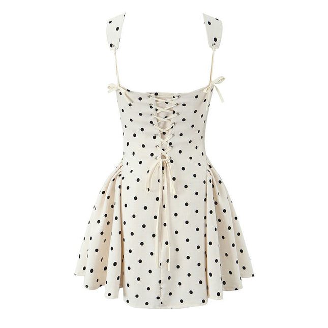 Polka Dot Print Beige Color Shoulder Strap Back Lace up Casual Fashion Mini slip Dress for Ladies