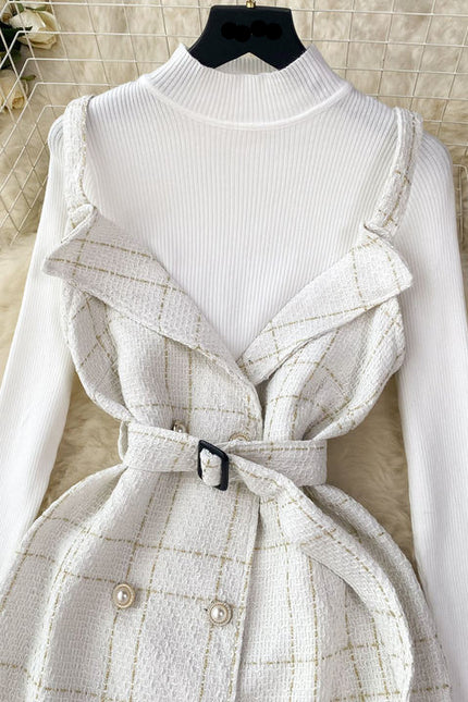 Women a Line Tweed Straps Dress Two-piece Bottoming Sweater Female Knitted Dress Set