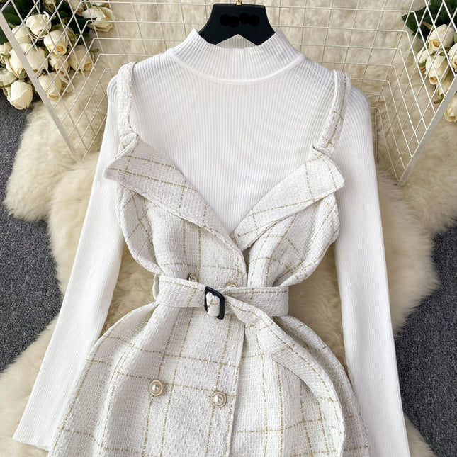Women a Line Tweed Straps Dress Two-piece Bottoming Sweater Female Knitted Dress Set