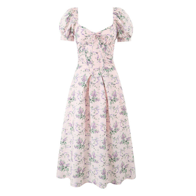 Square Collar pink Color Floral Print Short Sleeve Casual Fashion Summer Long Dress for Women