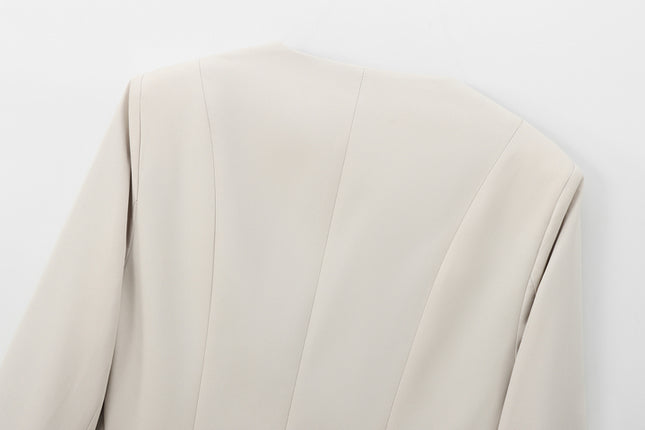Crew Neck Long Sleeve Beige Color Single Breasted Casual Fashion Jacket for Women