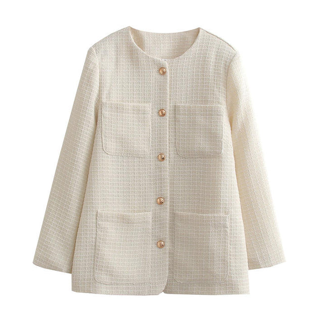 2023 Design Beige Color Crew Neck Single Breasted Front Pockets Long Sleeve Casual Tweed Jacket for Women