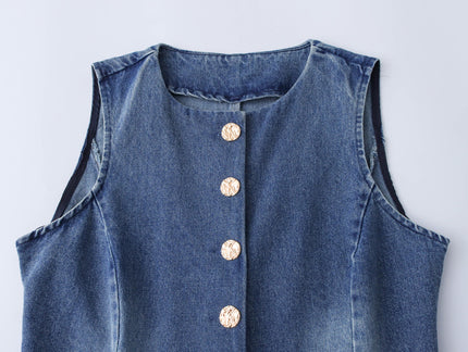 Crew Neck Single Breasted Denim Blue Color Hot Sale Casual Fashion Vest Waistcoat for Women