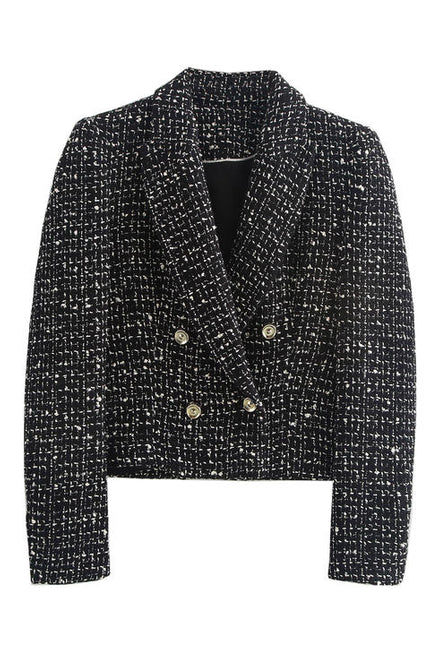 Black Color Plaid Pattern Double Breasted Long Sleeve Notched Collar Casual Fashion blazer for Women
