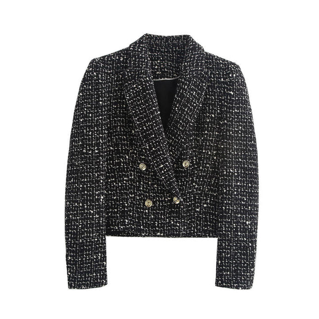 Black Color Plaid Pattern Double Breasted Long Sleeve Notched Collar Casual Fashion blazer for Women