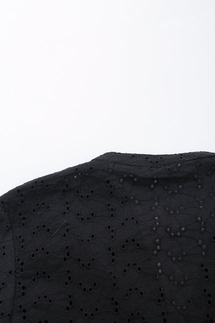 V Neck Buttons up Black Color Embroidery Short Sleeve Eyelet Casual Fashion Tops Blouse for Women