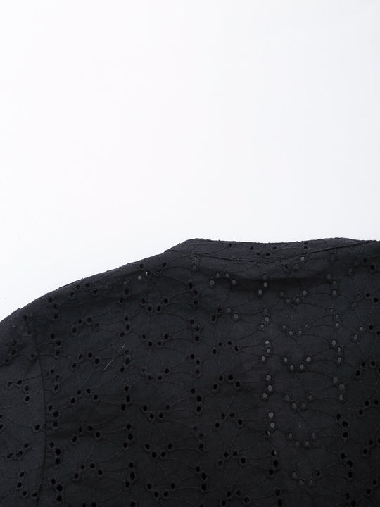 V Neck Buttons up Black Color Embroidery Short Sleeve Eyelet Casual Fashion Tops Blouse for Women