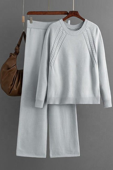 Autumn and Winter New Knitted Suits Solid Color Round Neck Sweater + Loose Wide Leg Pants One Size Two-piece Set