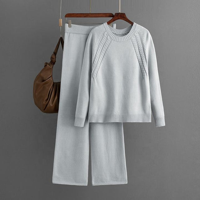 Autumn and Winter New Knitted Suits Solid Color Round Neck Sweater + Loose Wide Leg Pants One Size Two-piece Set