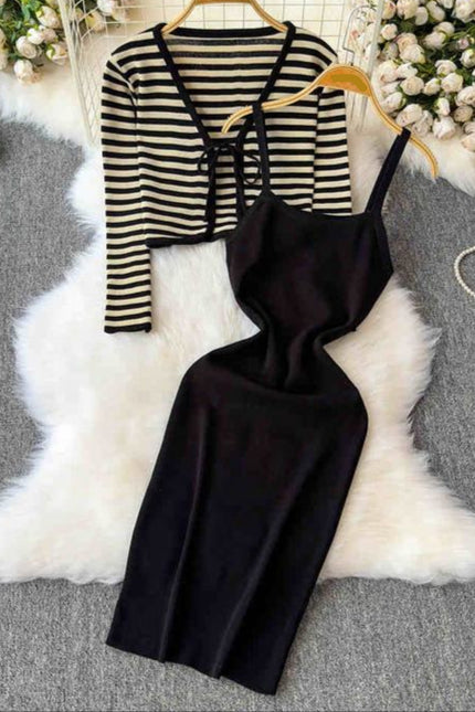 Striped Cardigan Coat Two-piece Dress for Women Vintage Charm Elegant Temperament Slimming Effect Sexy Form-fitting Maxi Dress