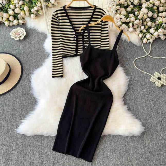 Striped Cardigan Coat Two-piece Dress for Women Vintage Charm Elegant Temperament Slimming Effect Sexy Form-fitting Maxi Dress
