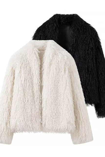 2 Colorway Solid Color v Neck Long Sleeve Casual Fashion Feather Jacket for Women
