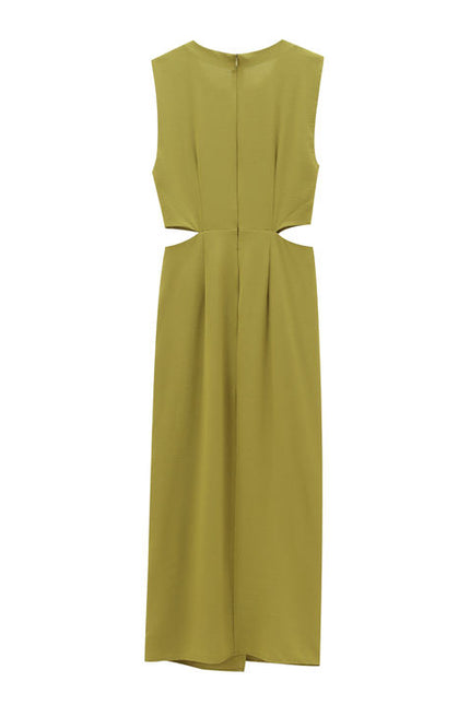 3 Colorway Solid Color Waist Hollow Out Crew Neck Sleeveless Casual Fashion Maxi Summer Dress for Ladies