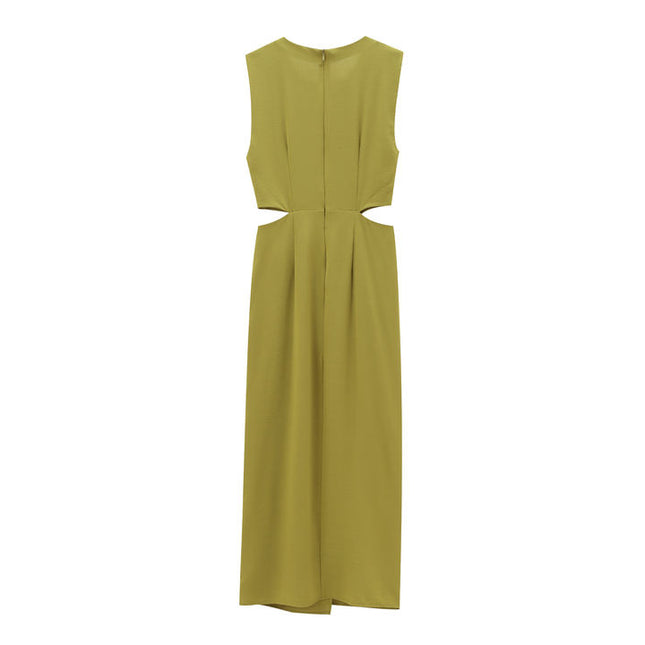 3 Colorway Solid Color Waist Hollow Out Crew Neck Sleeveless Casual Fashion Maxi Summer Dress for Ladies