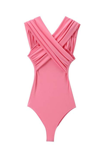 3 Colorway Solid Color v Neck Sleeveless Pleated Casual Fashion Women's One Piece Jumpsuit