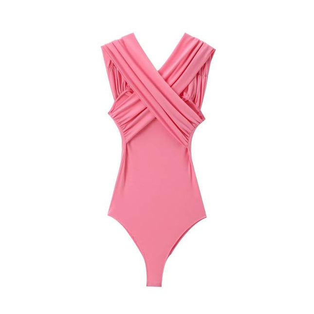 3 Colorway Solid Color v Neck Sleeveless Pleated Casual Fashion Women's One Piece Jumpsuit