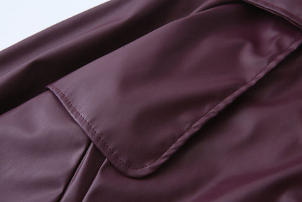 Notched Collar Burgundy Color Long Sleeve Notched Collar Casual Fashion Leather Biker Jacket for Women