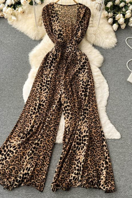 Women Square Neck Sleeveless Summer New Waisted Loose Wide Leg Pants Leopard Print Jumpsuit