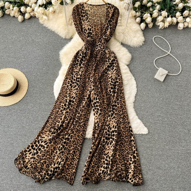 Women Square Neck Sleeveless Summer New Waisted Loose Wide Leg Pants Leopard Print Jumpsuit