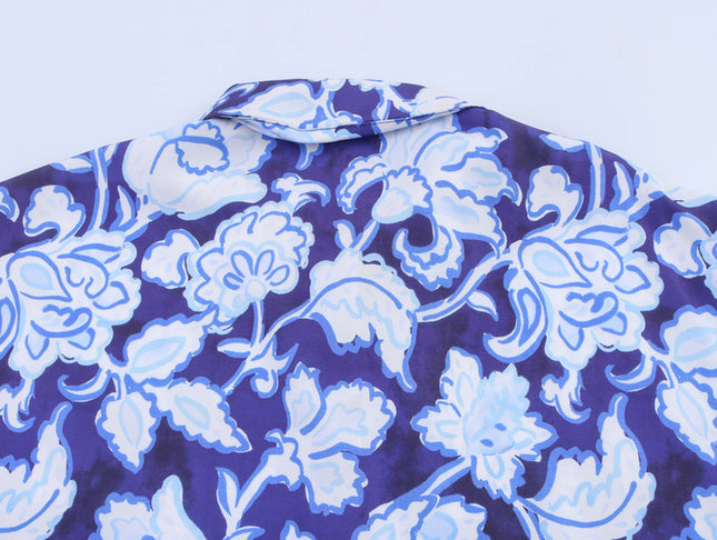 Floral Print Blue Color Buttons up Short Sleeve Casual Fashion Tops Blouse for Women
