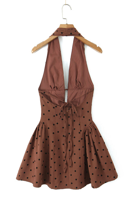 Back Hollow Out Brown Color Polka Dot Print Hot Sale Casual Fashion Summer Mini Halter Dress for Women