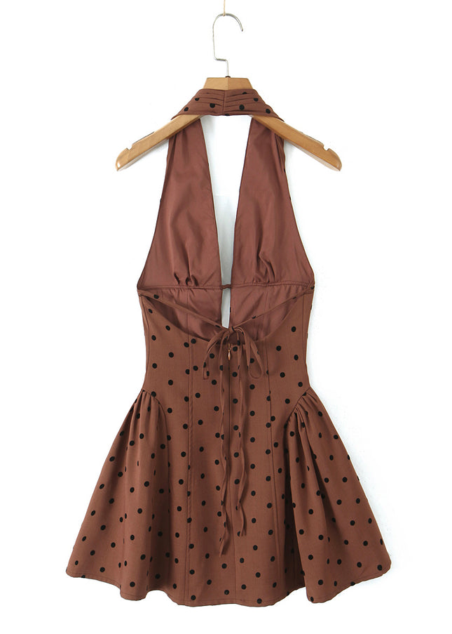 Back Hollow Out Brown Color Polka Dot Print Hot Sale Casual Fashion Summer Mini Halter Dress for Women