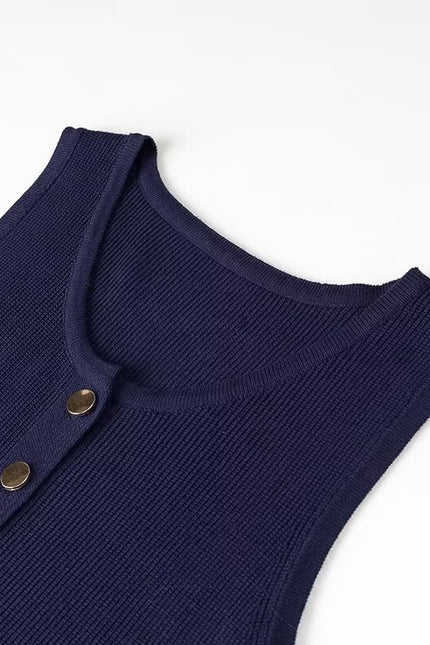2 Colorway Buttons up Solid Color Crew Neck Sleeveless Casual Fashion Knit Long Dress for Women