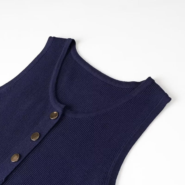 2 Colorway Buttons up Solid Color Crew Neck Sleeveless Casual Fashion Knit Long Dress for Women