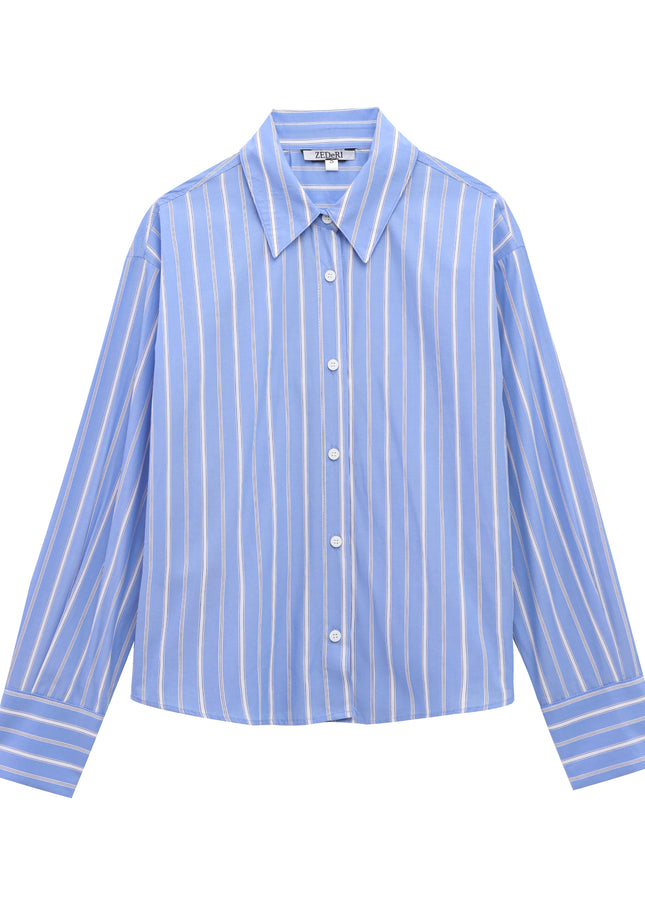 Turn Down Collar Striped Print Blue Color Long Sleeve Casual Fashion Tops Blouse for Women