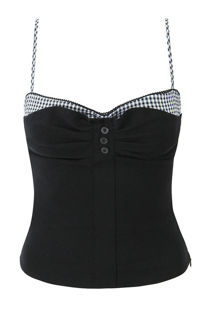 Spaghetti Trap Black Color Front Pleated Patchwork Design Casual Fashion Women's Crop tank Top