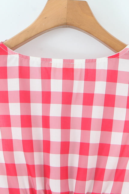 V Neck Buttons up Red White Color Plaid Print Sleeveless Casual Fashion Summer Cotton Mini Dress for Women