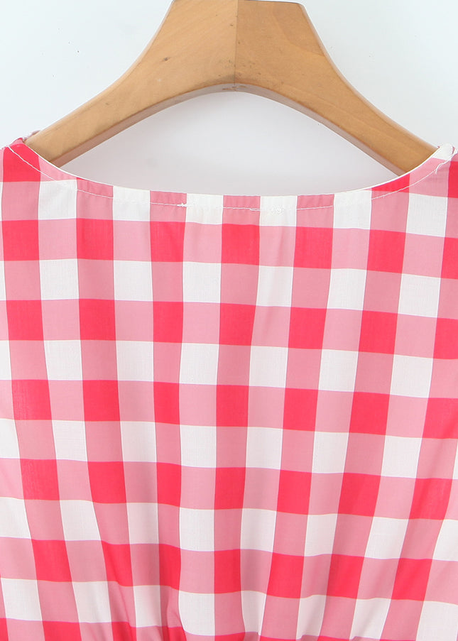 V Neck Buttons up Red White Color Plaid Print Sleeveless Casual Fashion Summer Cotton Mini Dress for Women