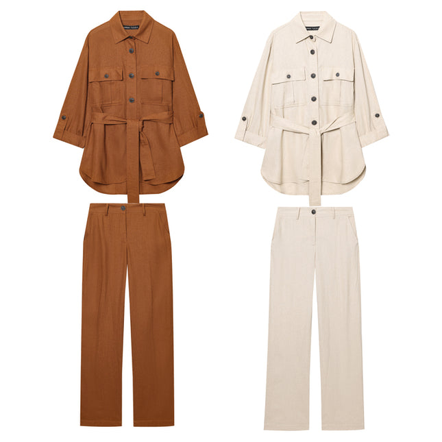 2 Colorway Turn Down Collar Sashes Long Sleeve Solid Color Buttons up Casual Fashion Tops Blouse for Women