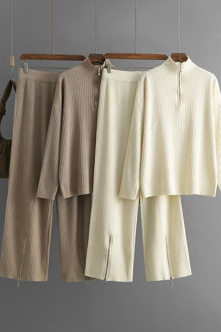 Stand Collar Long Sleeve Fashion Set Women's Autumn Winter Plain Loose Knit Sweater Two-piece Set