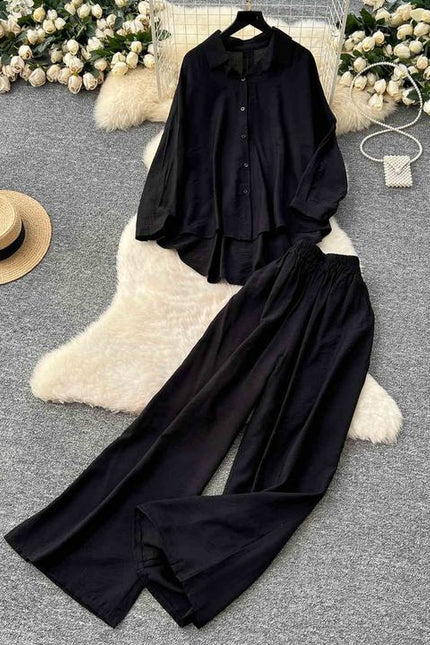 Casual Suit Women Loose Irregular Long Sleeve Shirt High-waisted Wide Leg Straight Pants Two Piece Set