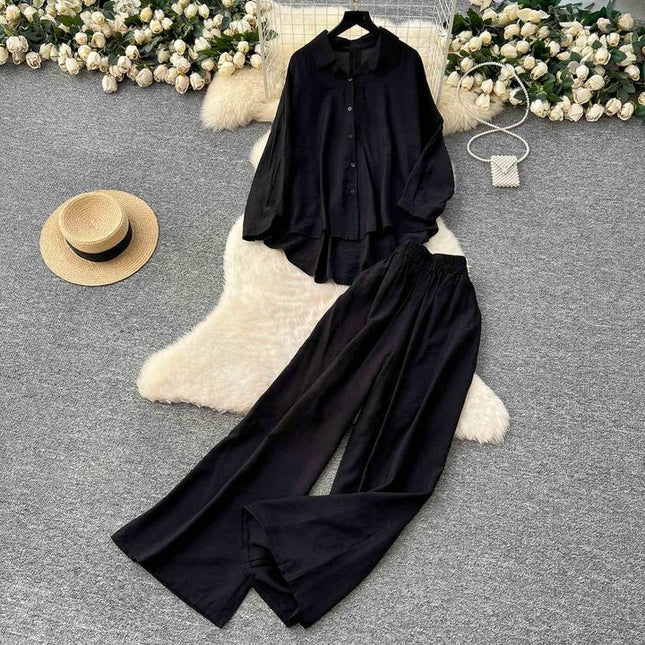 Casual Suit Women Loose Irregular Long Sleeve Shirt High-waisted Wide Leg Straight Pants Two Piece Set