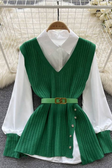 Two Piece Suit Green Sleeveless Knitted Vest White Long Sleeved Shirt Top Autumn Woman