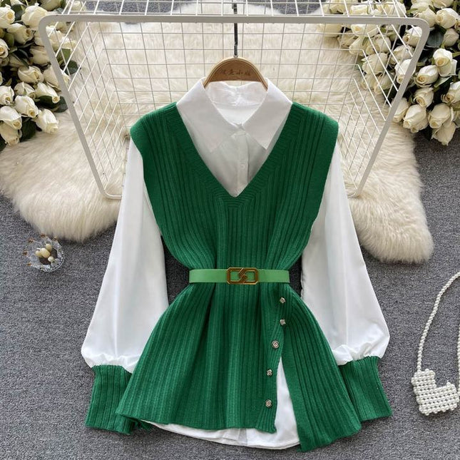 Two Piece Suit Green Sleeveless Knitted Vest White Long Sleeved Shirt Top Autumn Woman