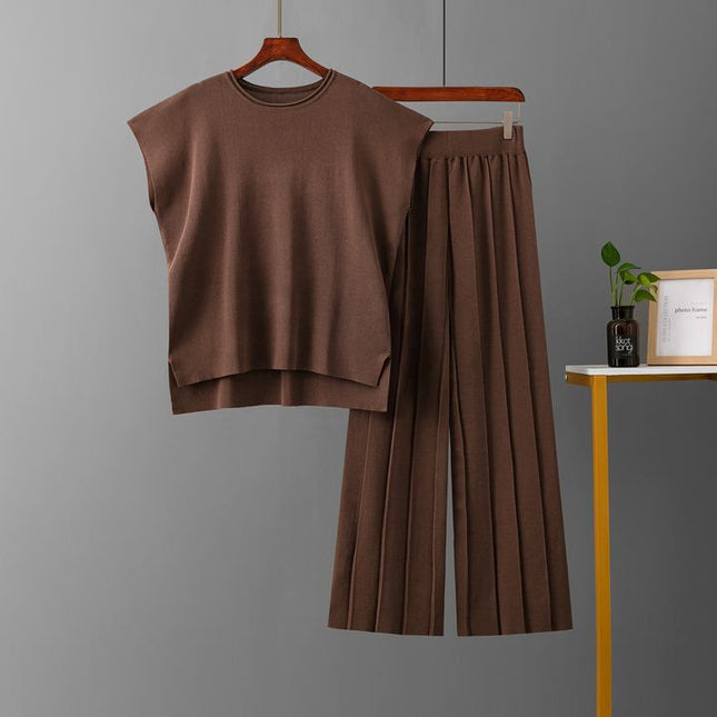 Casual Suit Women's Summer New Solid Color Sleeveless Vest Knit Wide Leg Trouser Suit