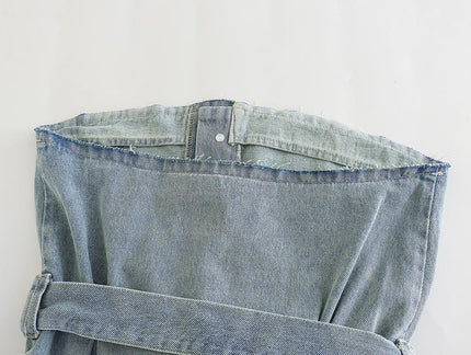 Denim Blue Color Strapless Sashes Casual Fashion Women's Jeans Crop tank Top