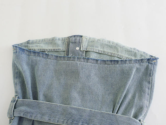 Denim Blue Color Strapless Sashes Casual Fashion Women's Jeans Crop tank Top