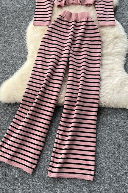 Women's Round Neck Striped Knit Cardigan Sweater Casual Wide Leg Pants Set